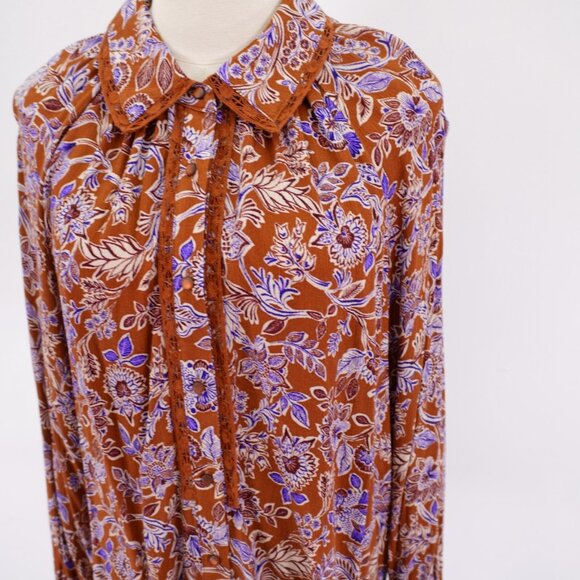 Democracy Collared Button Front Brown Blue Floral Lace Lined Shirt 1X Top Rayon - Picture 4 of 9